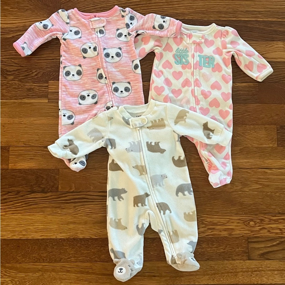 Carter’s Fuzzy Zip Up Footie Pajamas Lot of 3 Size Newborn Baby Girl